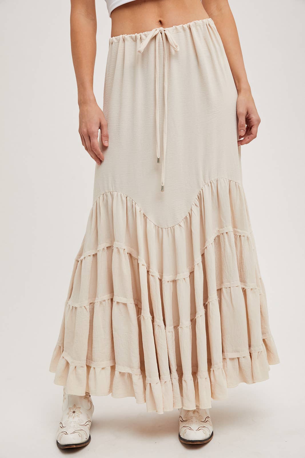 RUFFLED DRAWSTRING WASIT MAXI SKIRT WITH LINING