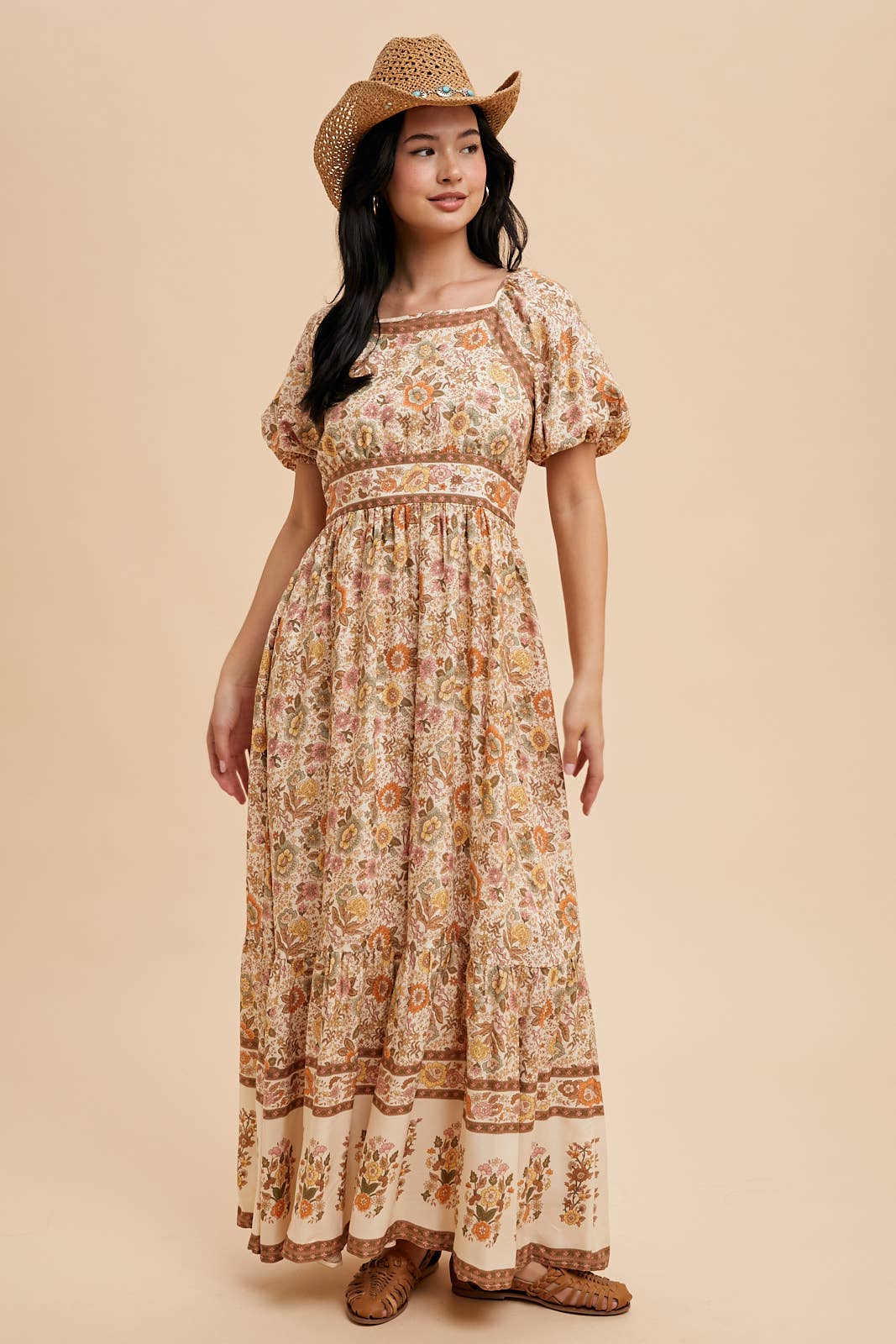 Dusty Blue Border Print Maxi Dress with Puff Sleeves