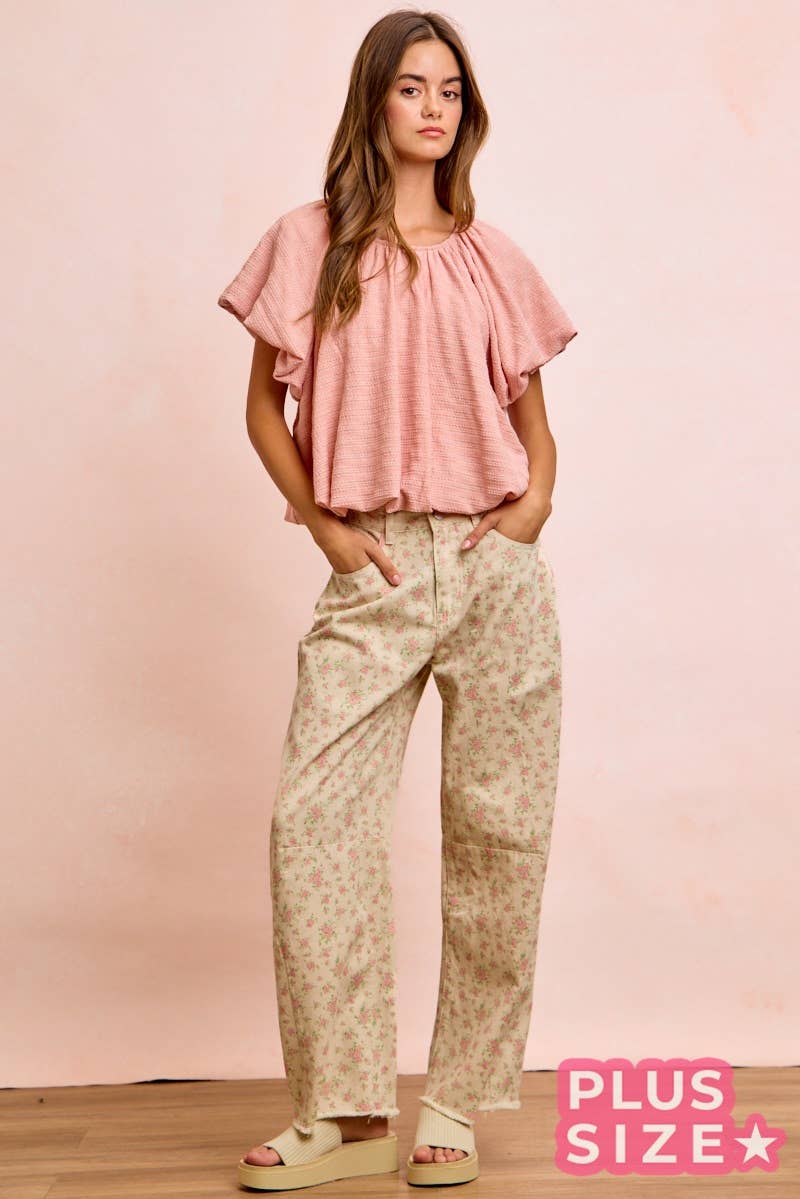STRIPES TEXTURED SHIRRED NECKLINE BUBBLE HEM TOP