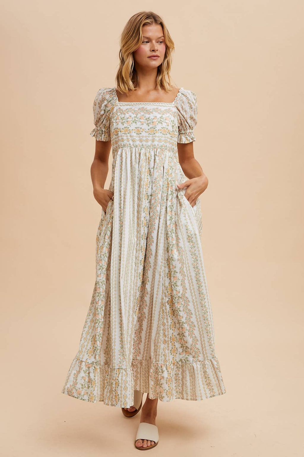 Ivory/Peach Floral Square Neck Maxi Dress with Puff Print Sleeves