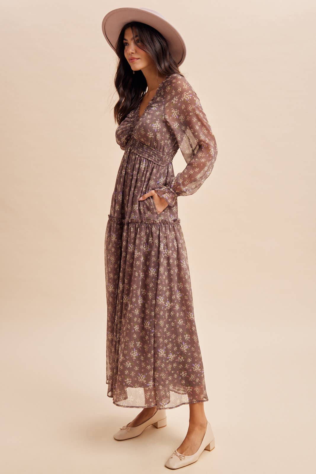 Chestnut Floral Maxi Dress with Smocking Detail