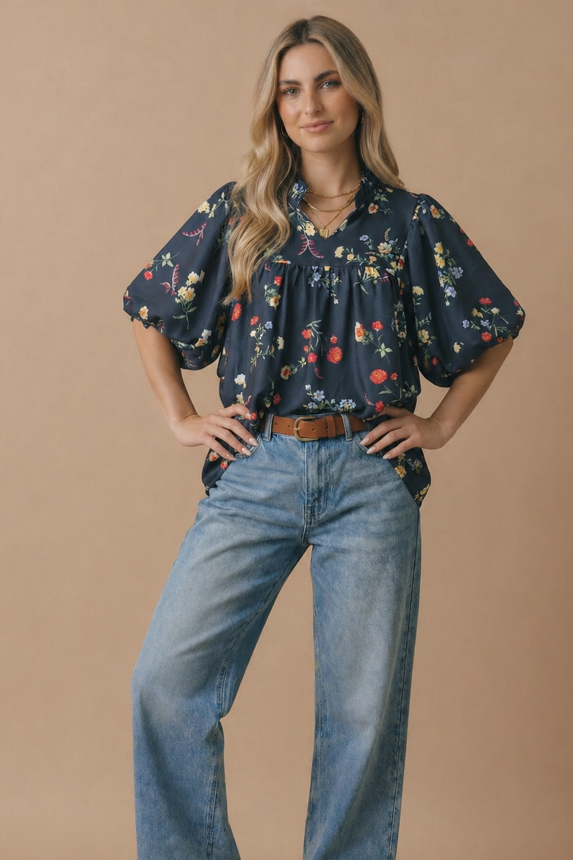 Plus Notch Neck Floral Empire Waist Woven Top
