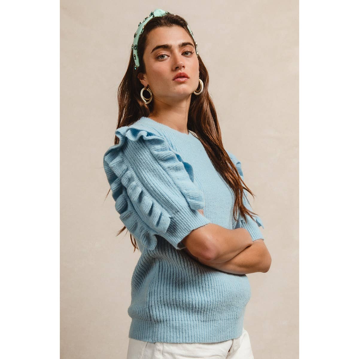 SOLID KNIT RUFFLED SLEEVES TOP