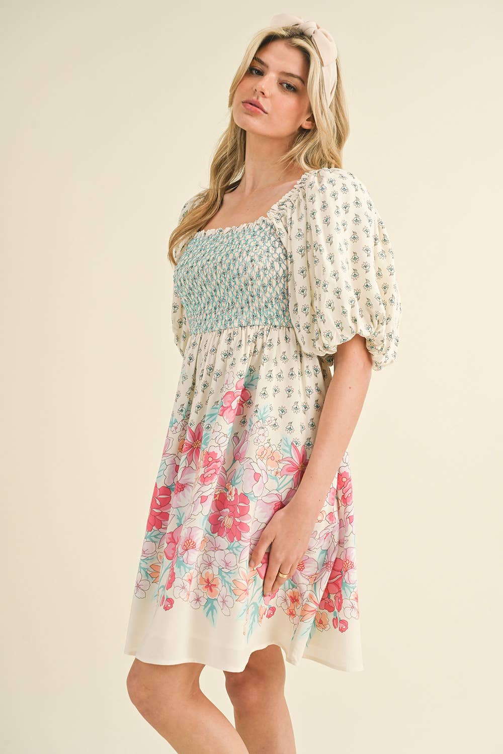 Pink/Peach Floral Smocked Knee Length Dress with Puff Sleeves
