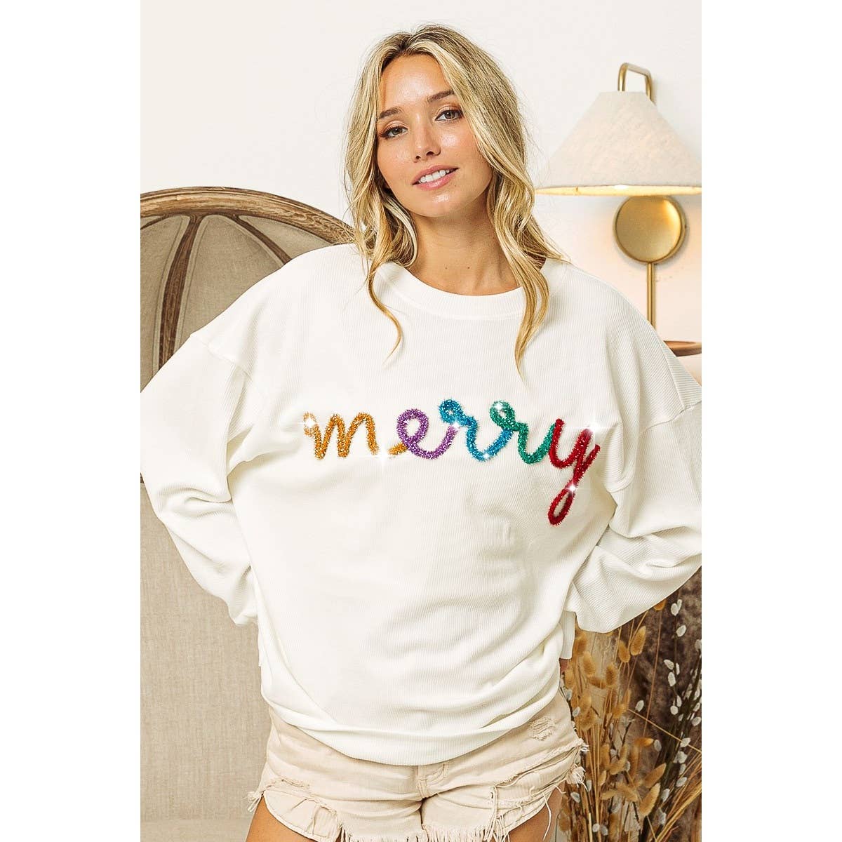 MERRY TINSEL LETTERING TWO TONE RIB PULLOVER
