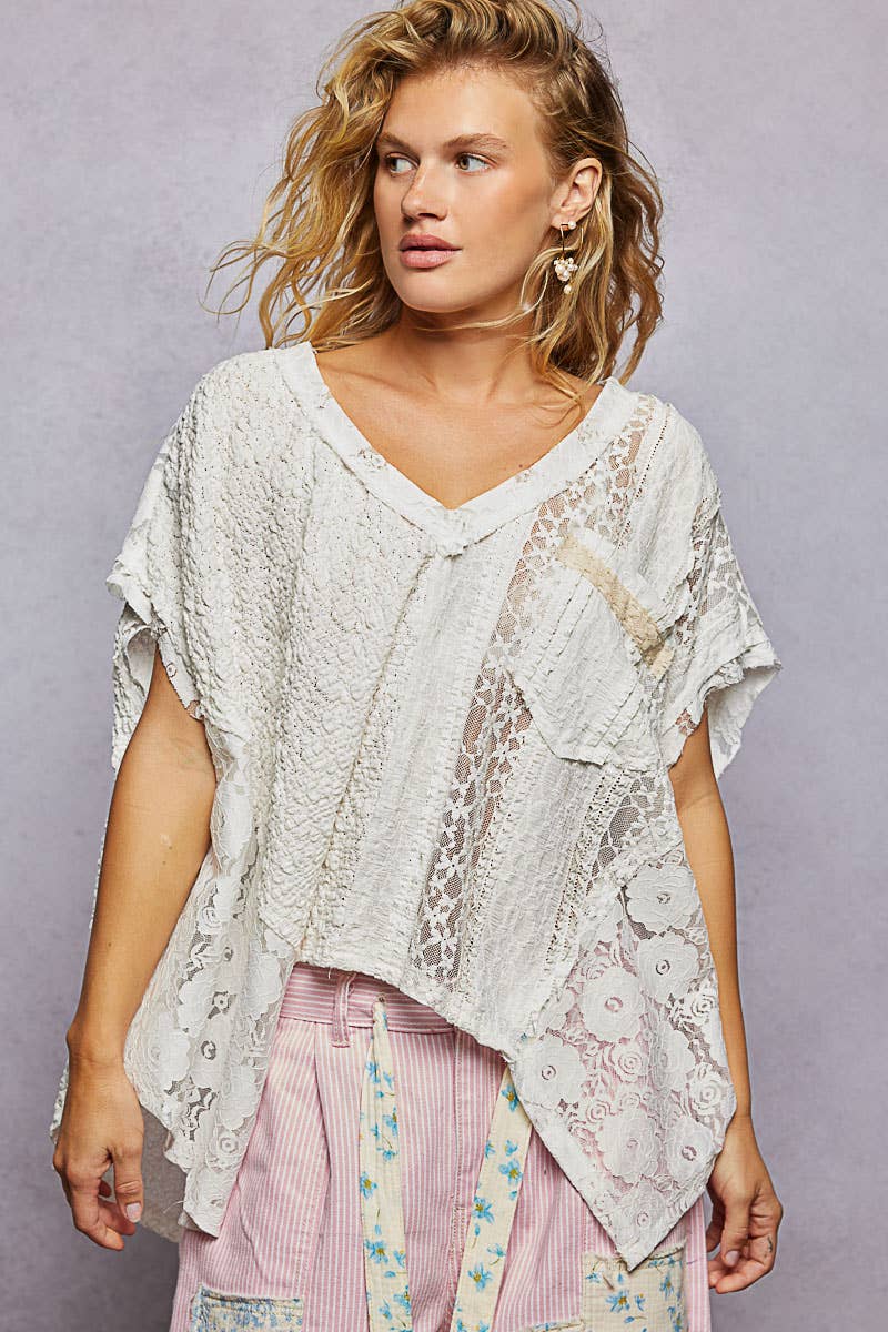 Lavender Patchwork Lace Oversized V-Neck Raw Edge Top