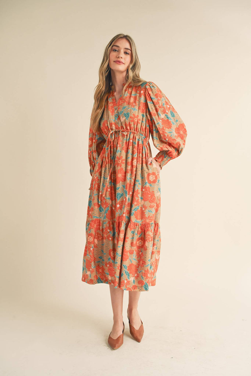 Cream with Rust/Teal Floral Ruffle Maxi Dress