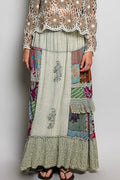 Sage Print Patch Vintage Washing Ruffle Maxi Skirt