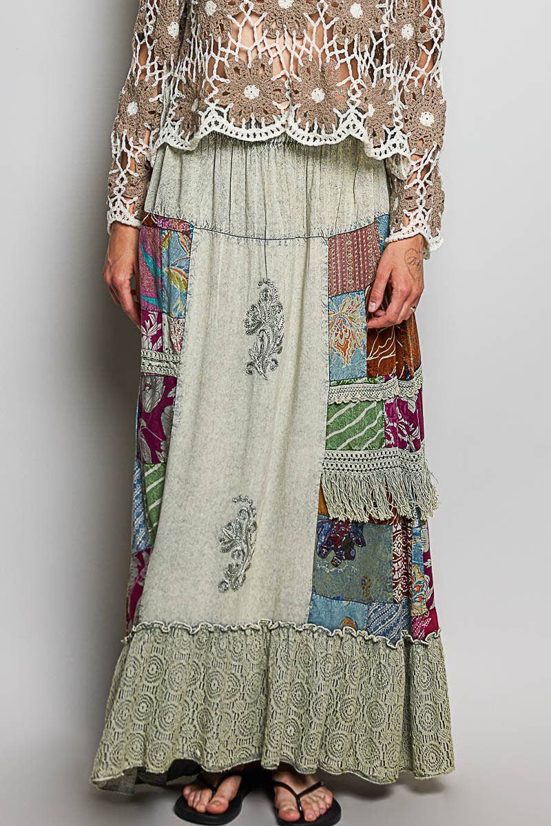 Sage Print Patch Vintage Washing Ruffle Maxi Skirt
