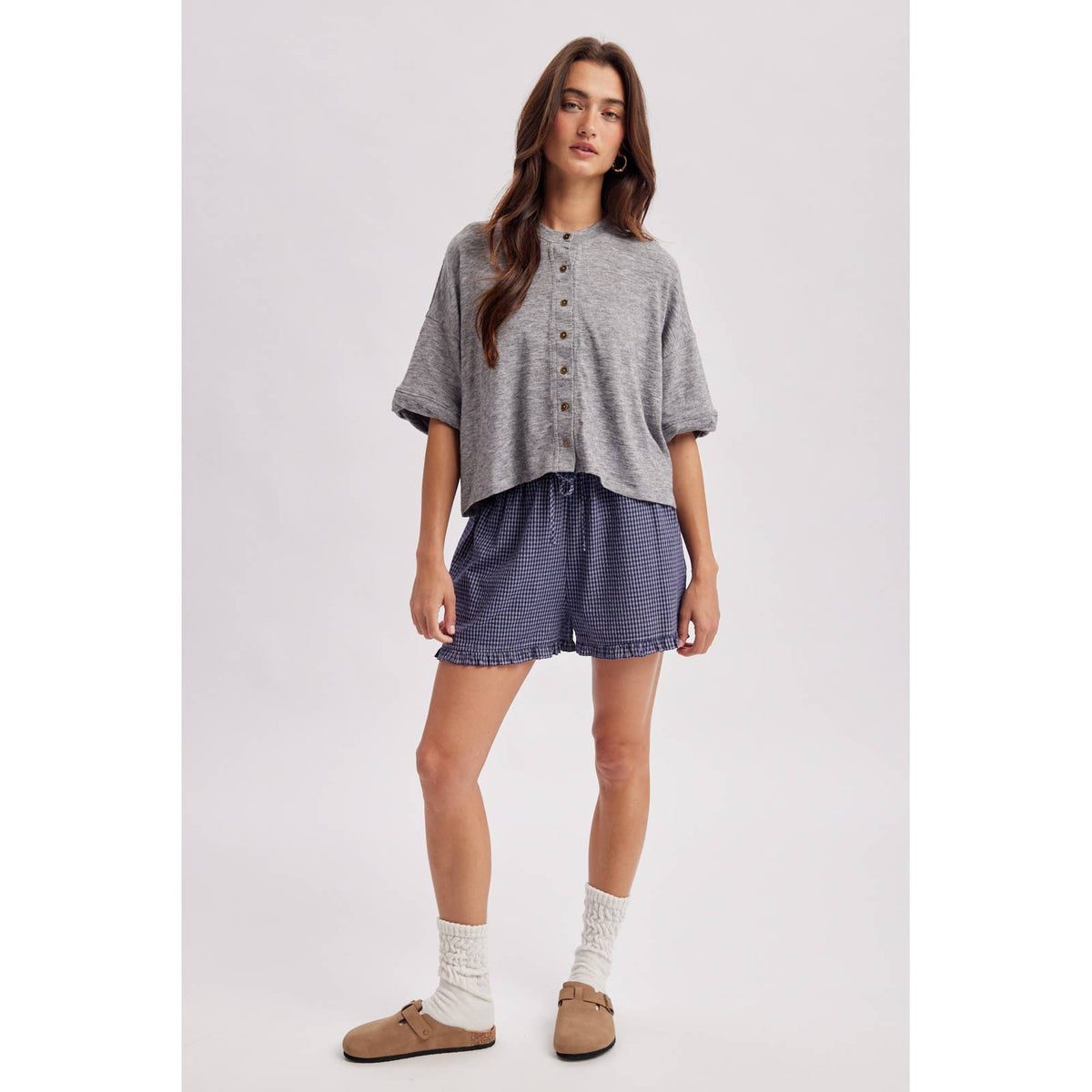 Grey Short Sleeve Button Down Knit Top