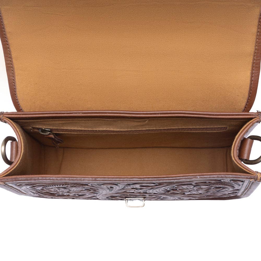 Duchess Hairon Handtooled Flap and Button Leather Satchel in Mocha Cream