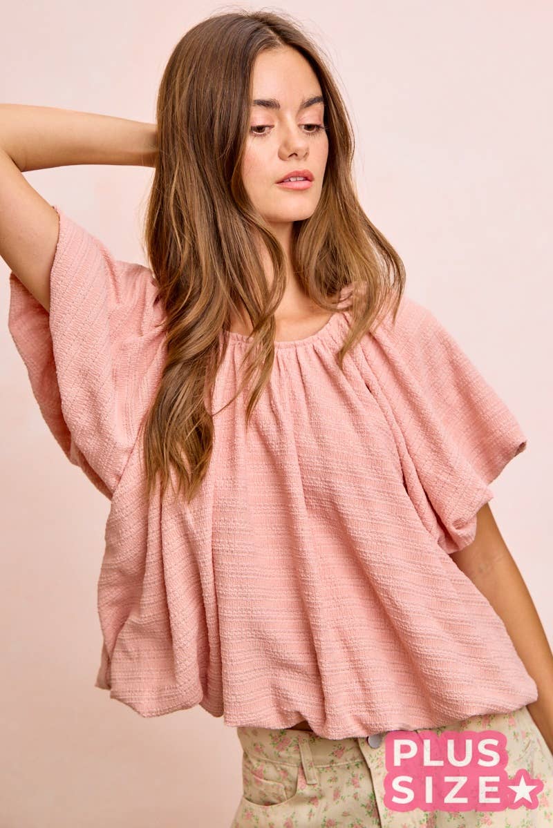 STRIPES TEXTURED SHIRRED NECKLINE BUBBLE HEM TOP
