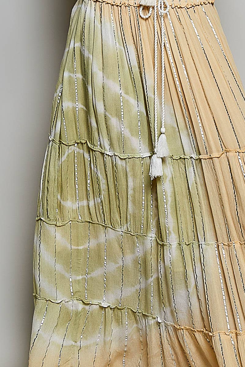 Coral/Olive Smocked Waist Tassel Tie Tiered Maxi Skirt