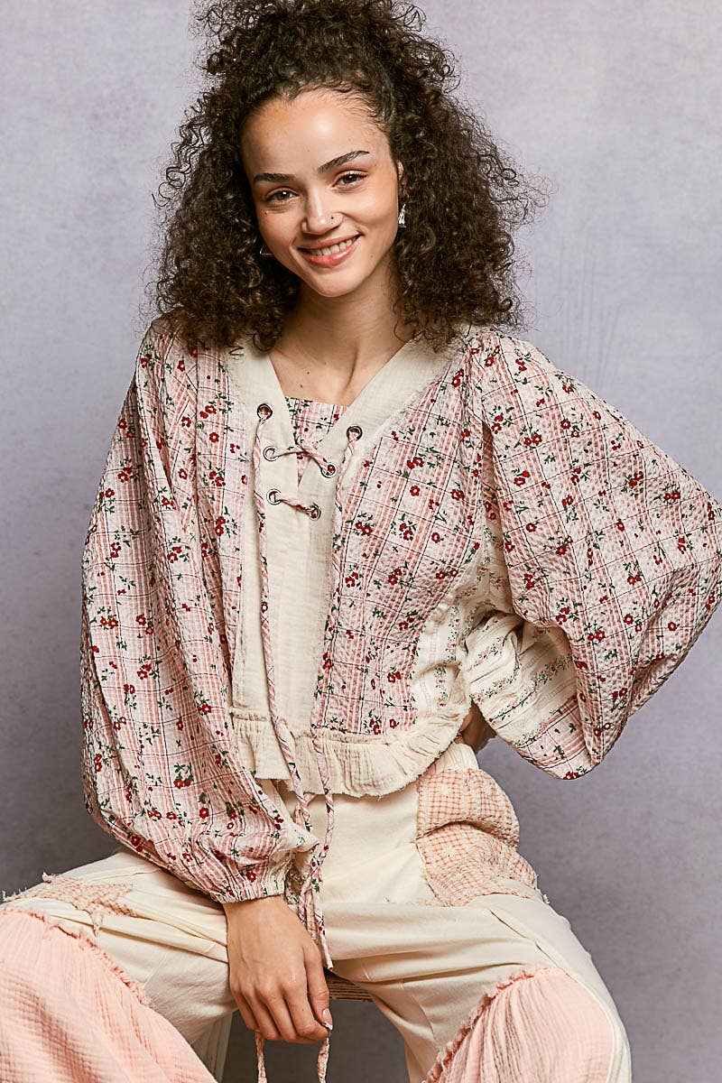 Beige/Peach Multi Color V Neck Balloon Sleeve Top