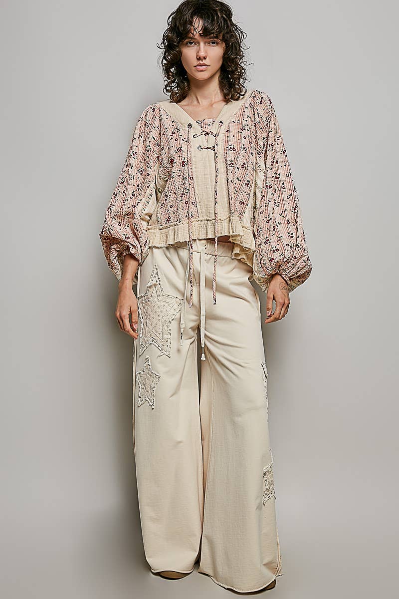 Beige/Peach Multi Color V Neck Balloon Sleeve Top