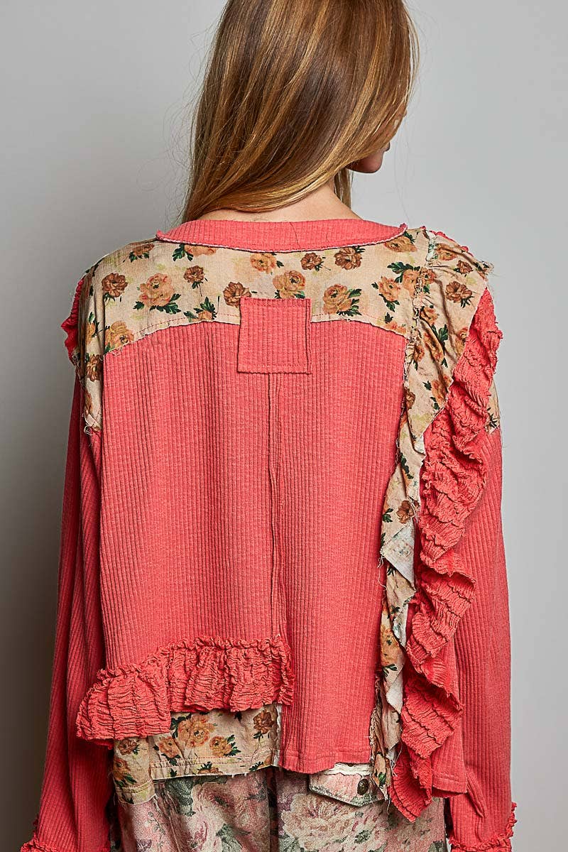 Floral Ruffle Trim Textured Ribbed Long Sleeve Knit Top