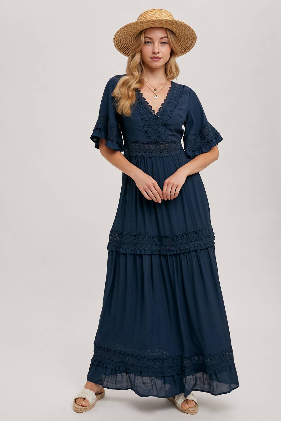 Lace V Neck Maxi Dress with Ruffle Sleeves (Olive & Ivory)