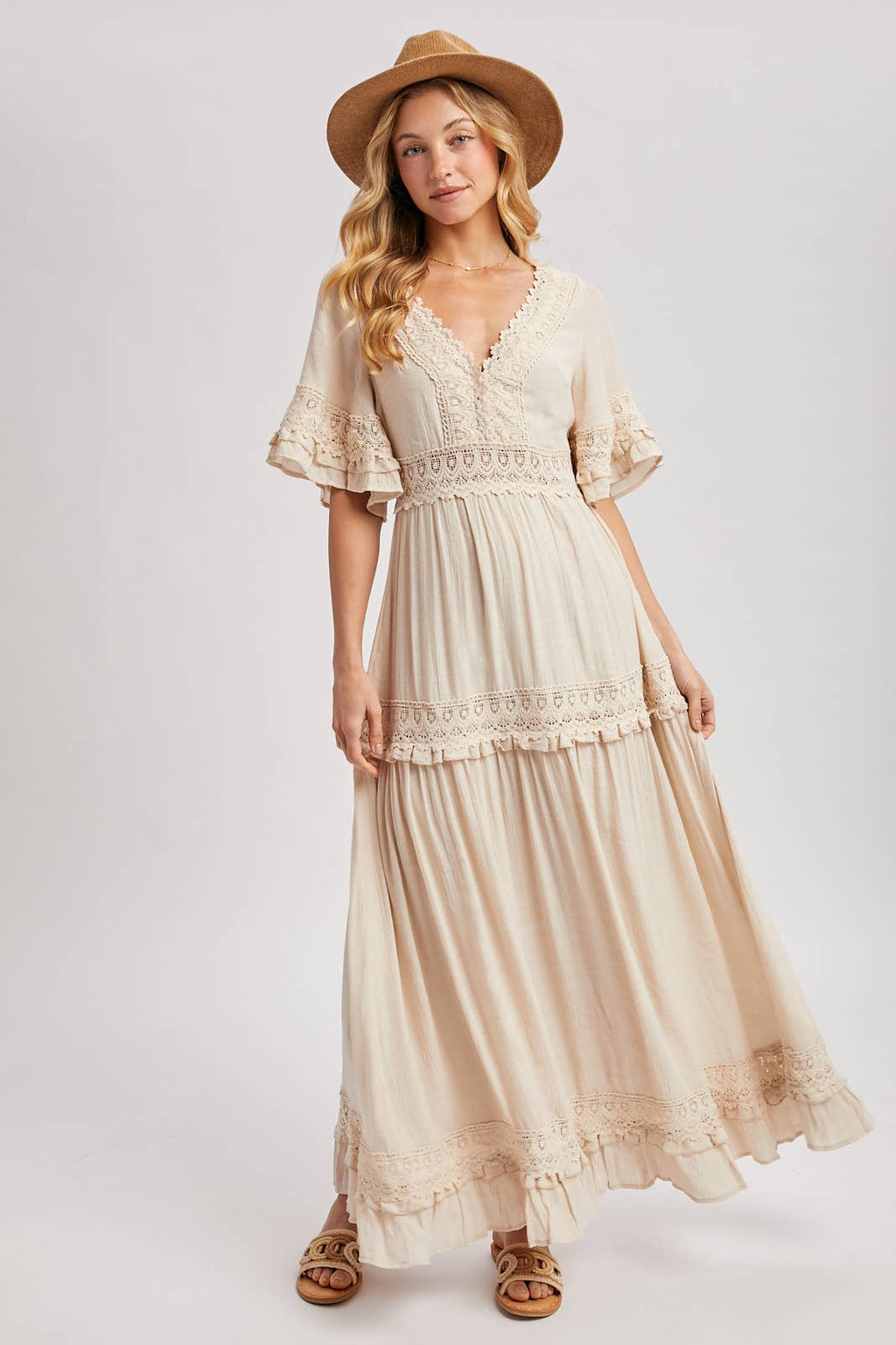 Lace V Neck Maxi Dress with Ruffle Sleeves (Olive & Ivory)
