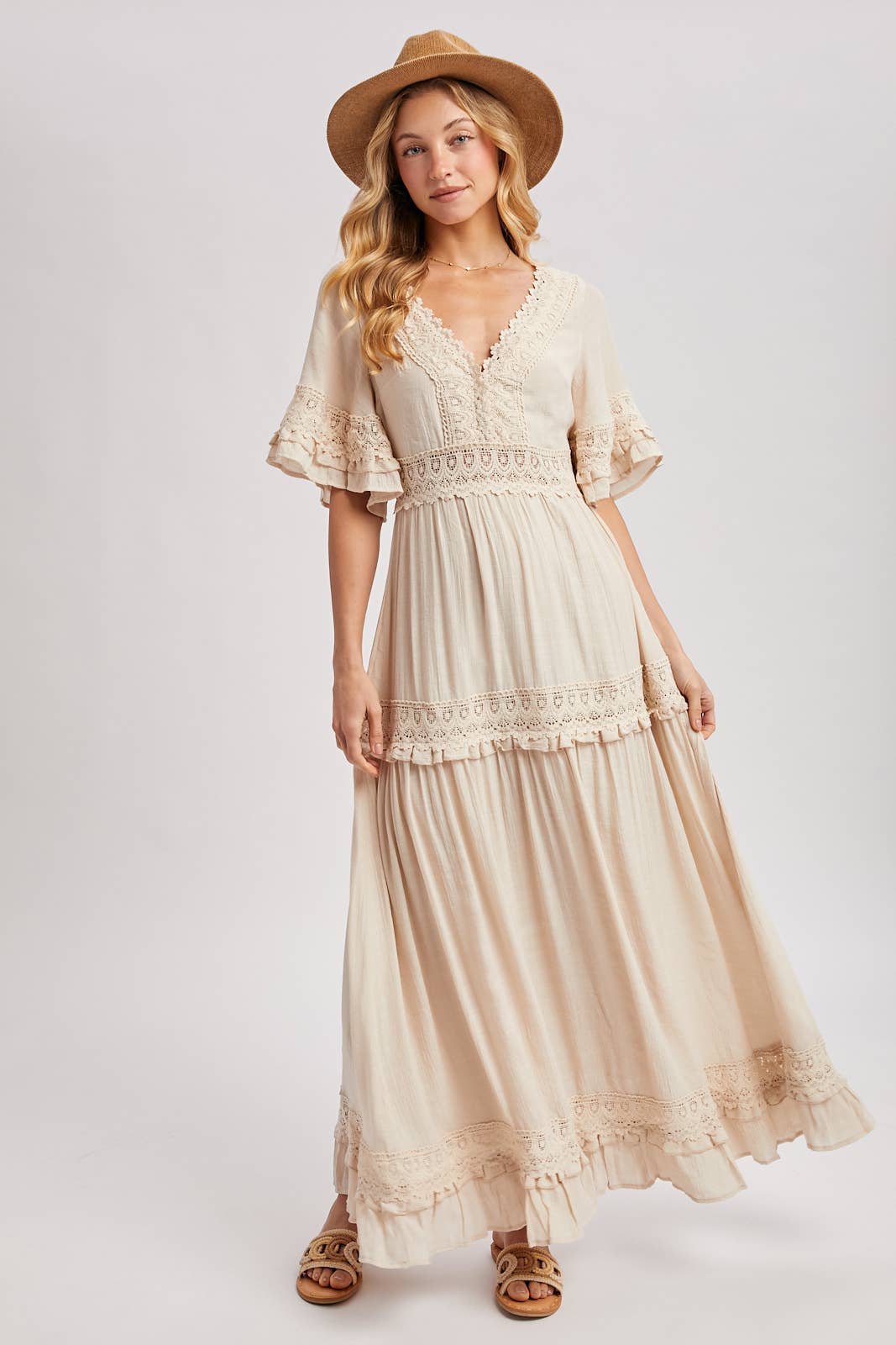 Lace V Neck Maxi Dress with Ruffle Sleeves (Olive & Ivory)