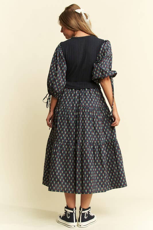 Floral Print Mixed Media Tiered Midi Dress
