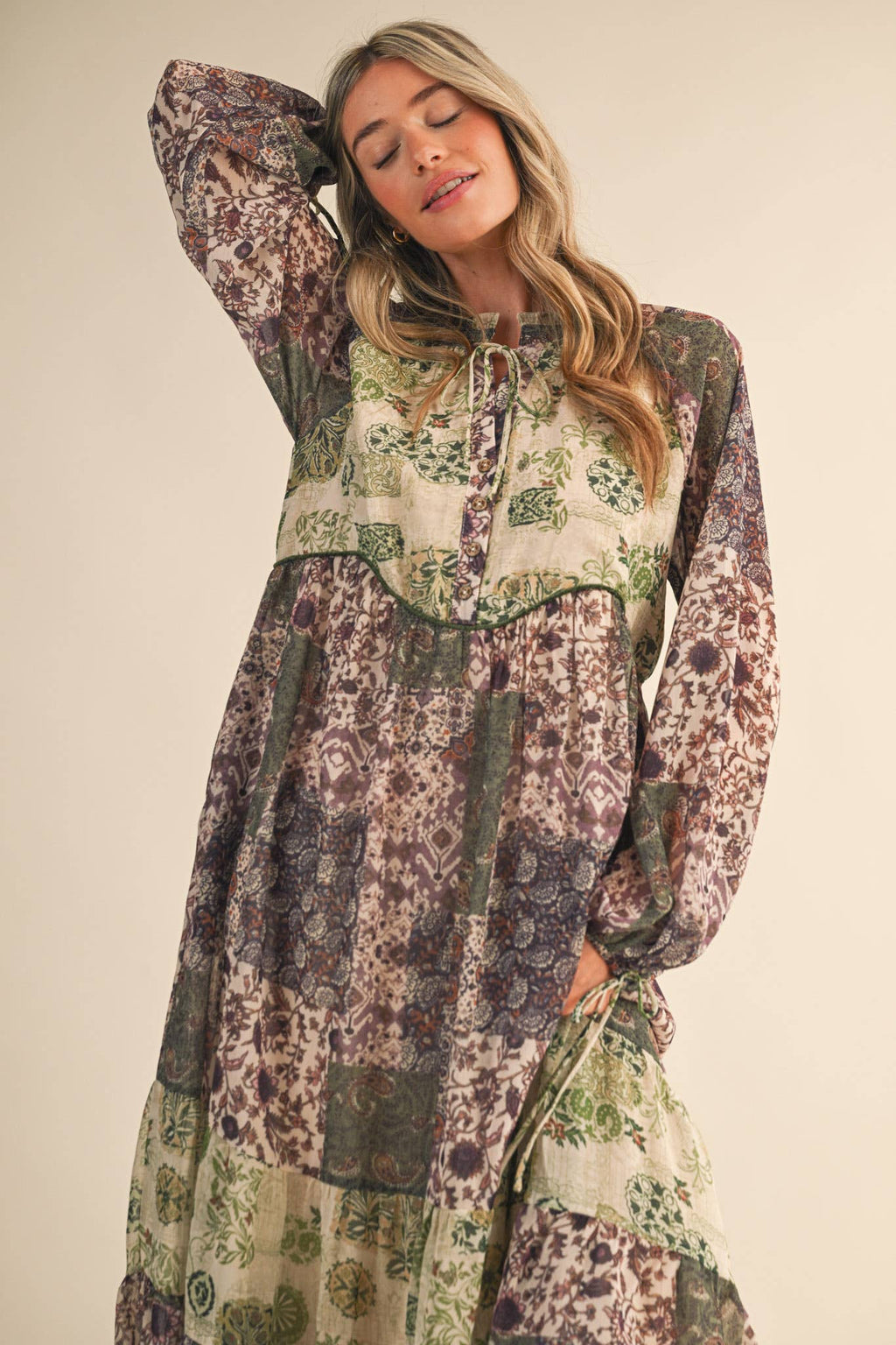 Olive Patchwork Mid Length Dress