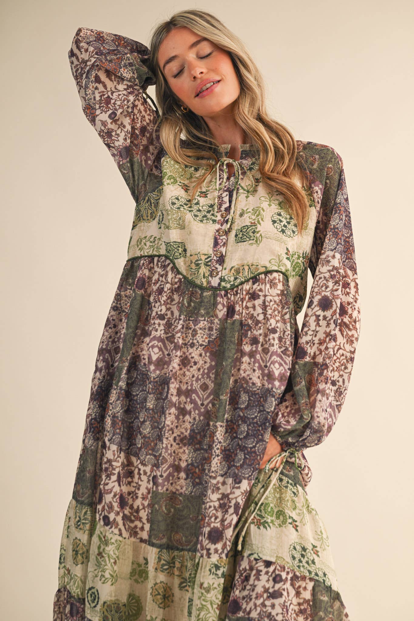 Olive Patchwork Mid Length Dress