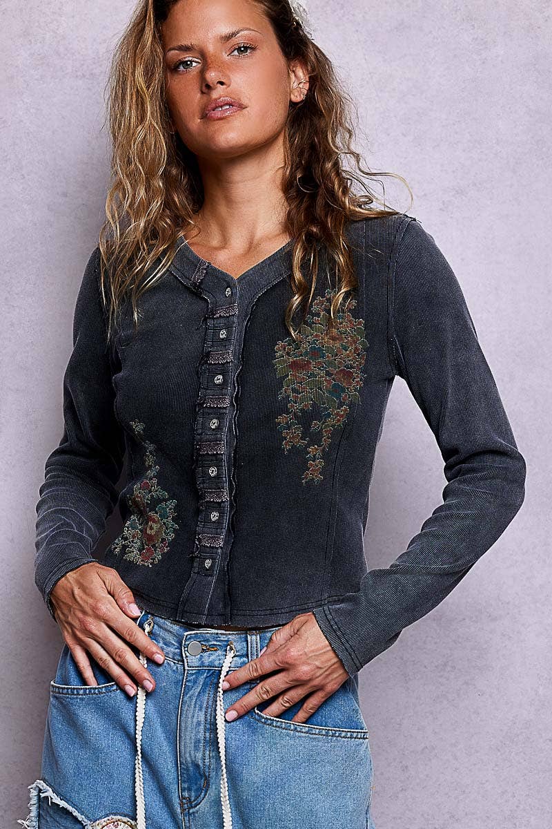 Vintage-Inspired Wash Button-Front Placket Ribbed Knit Top