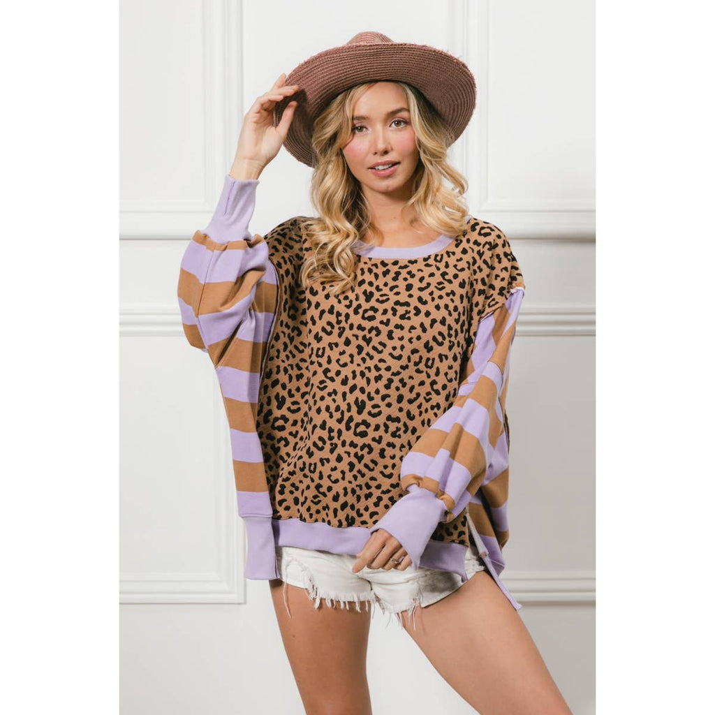 LEOPARD AND STRIPE MIXED TOP