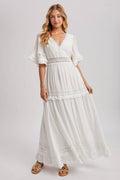 Lace V Neck Maxi Dress with Ruffle Sleeves (Olive & Ivory)