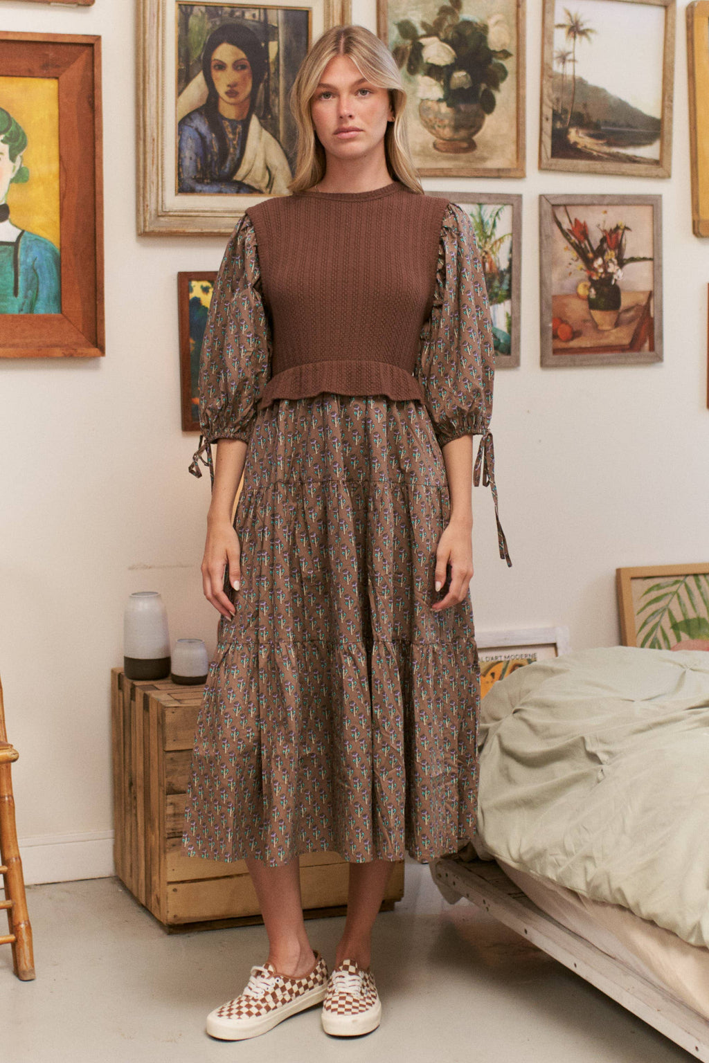 Floral Print Mixed Media Tiered Midi Dress
