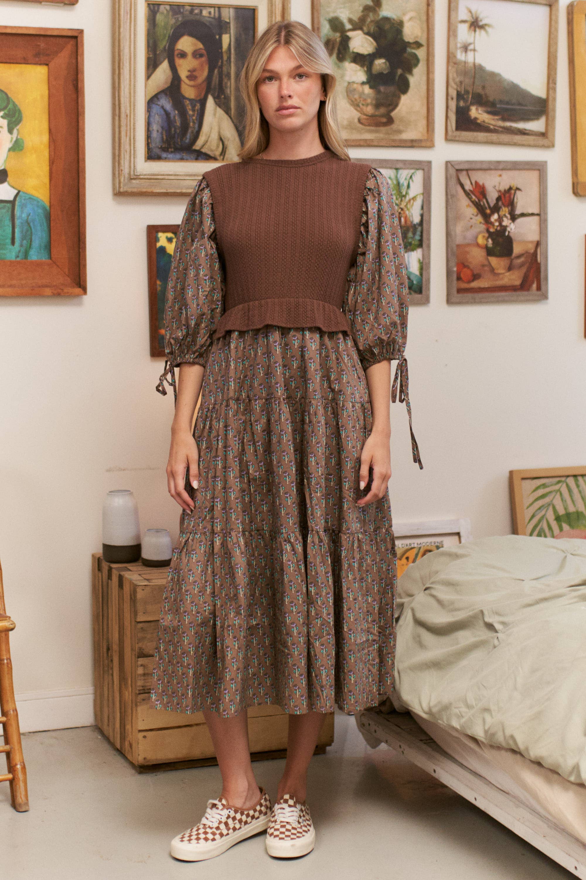 Floral Print Mixed Media Tiered Midi Dress