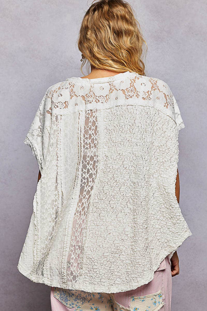 Lavender Patchwork Lace Oversized V-Neck Raw Edge Top