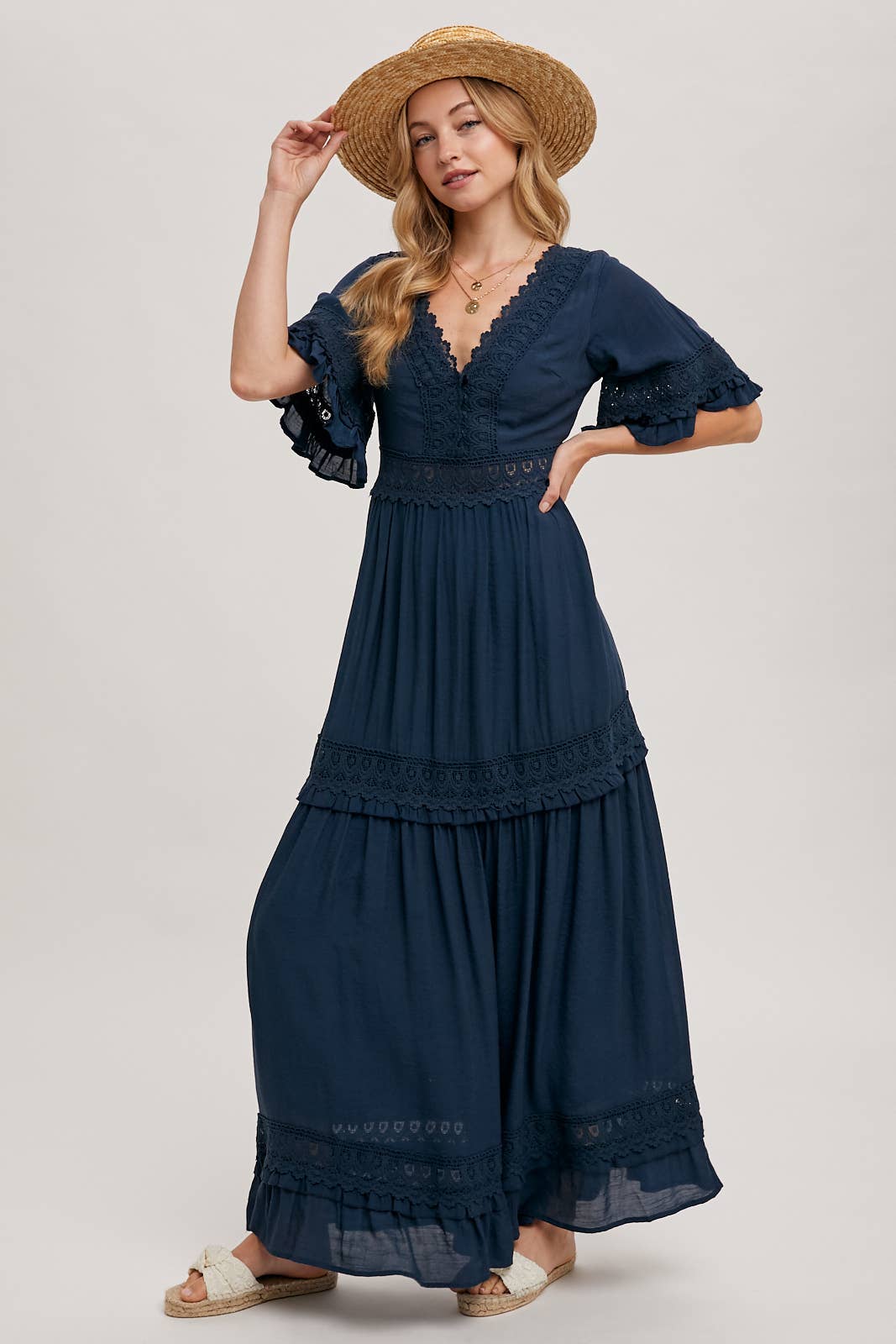 Lace V Neck Maxi Dress with Ruffle Sleeves (Olive & Ivory)