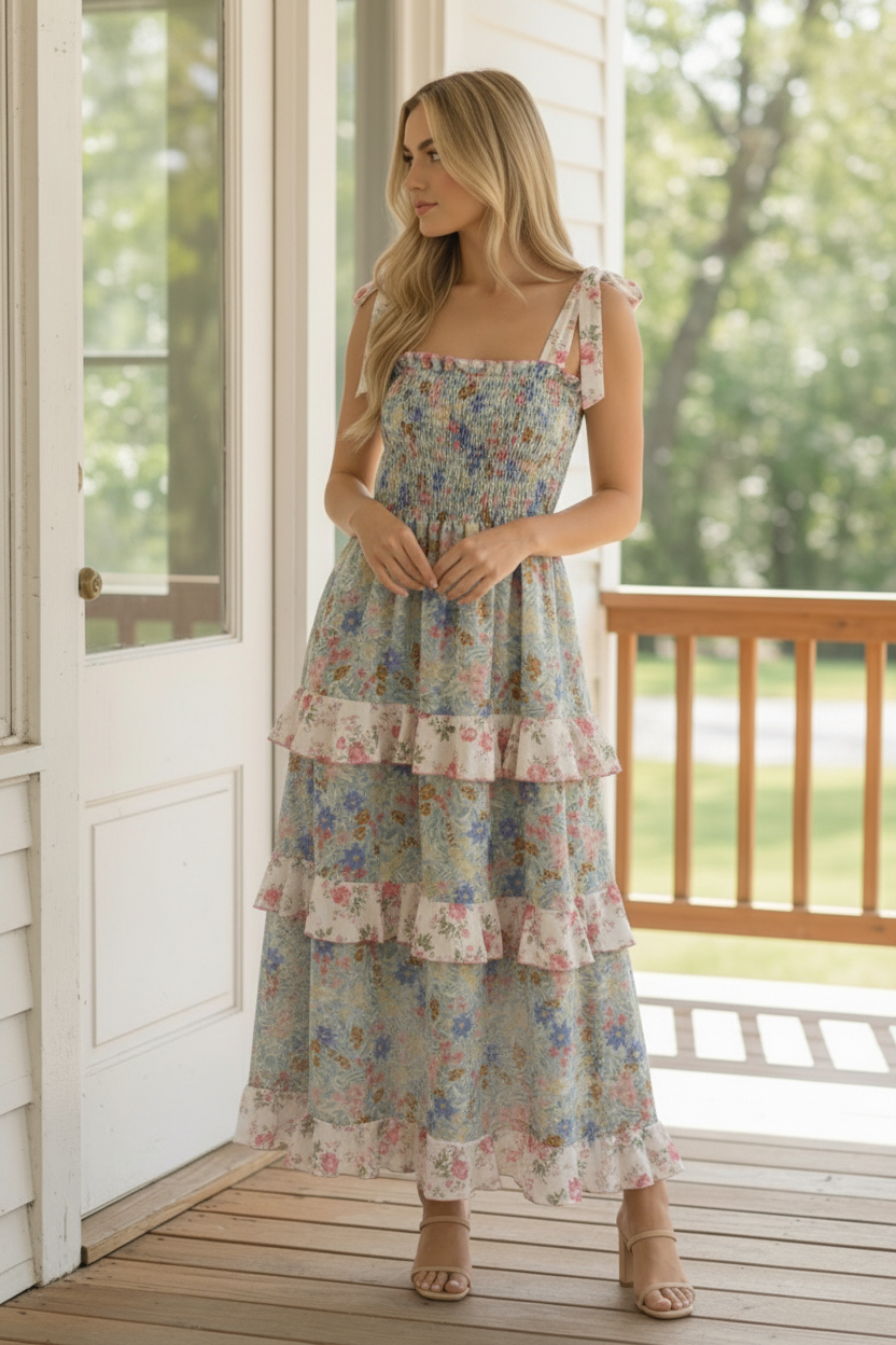 Plus Smocking Tube Color Block Floral Maxi Dress