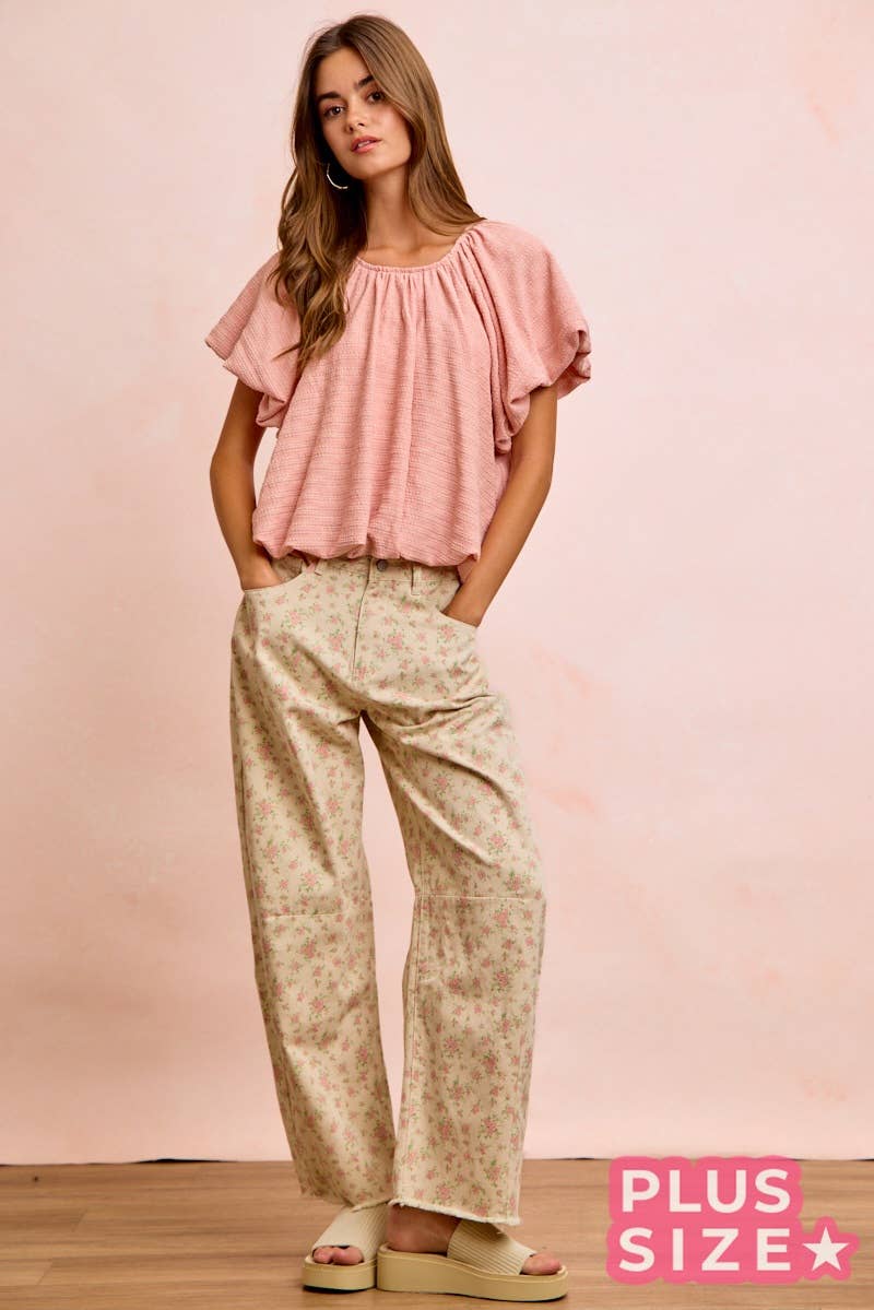 STRIPES TEXTURED SHIRRED NECKLINE BUBBLE HEM TOP