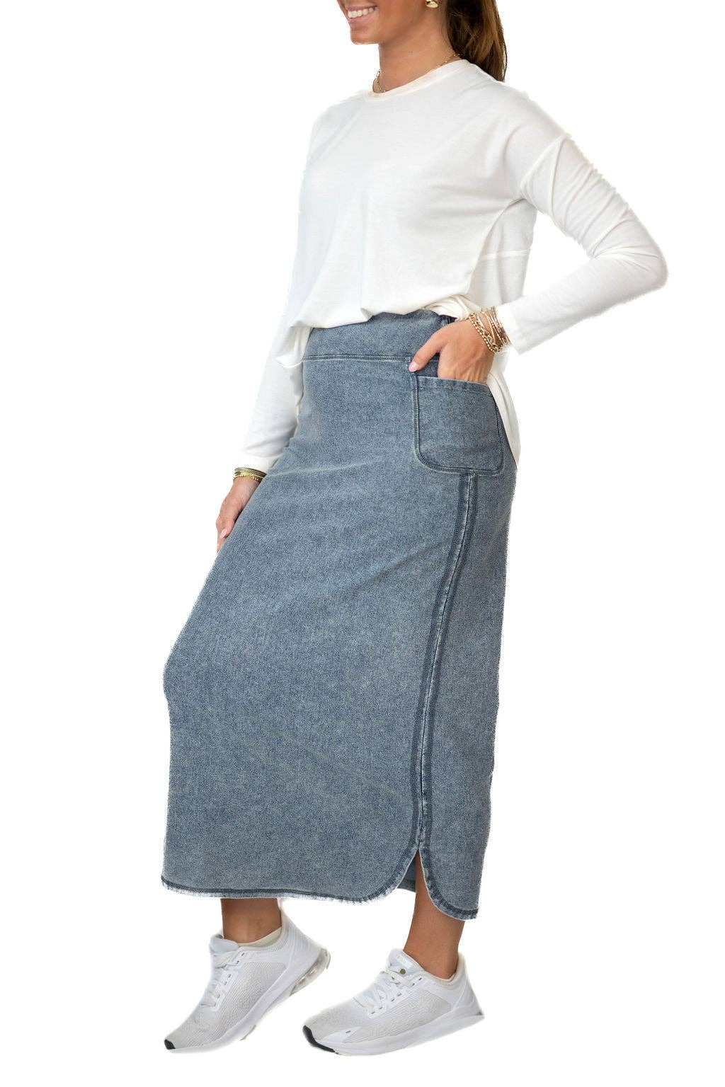 Flex Denim Maxi Skirt with Pockets