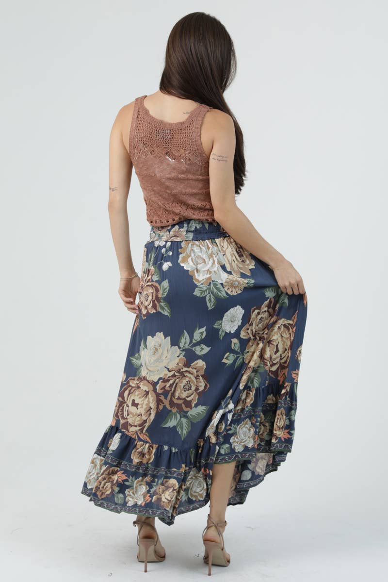 26P93-WB64 Smock Waist Ruffle Hem Maxi Skirt