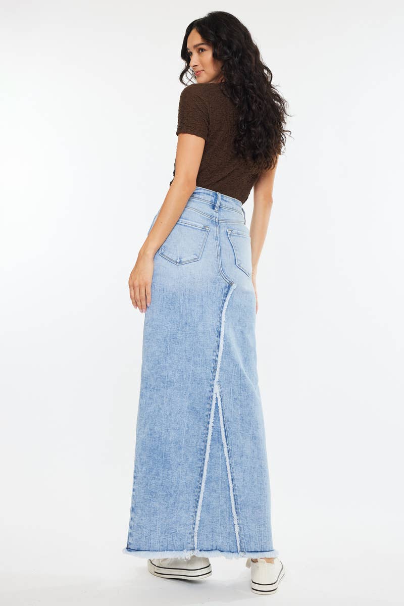Medium Wash High Waisted Maxi Skirt with Front Slit - Kan Can