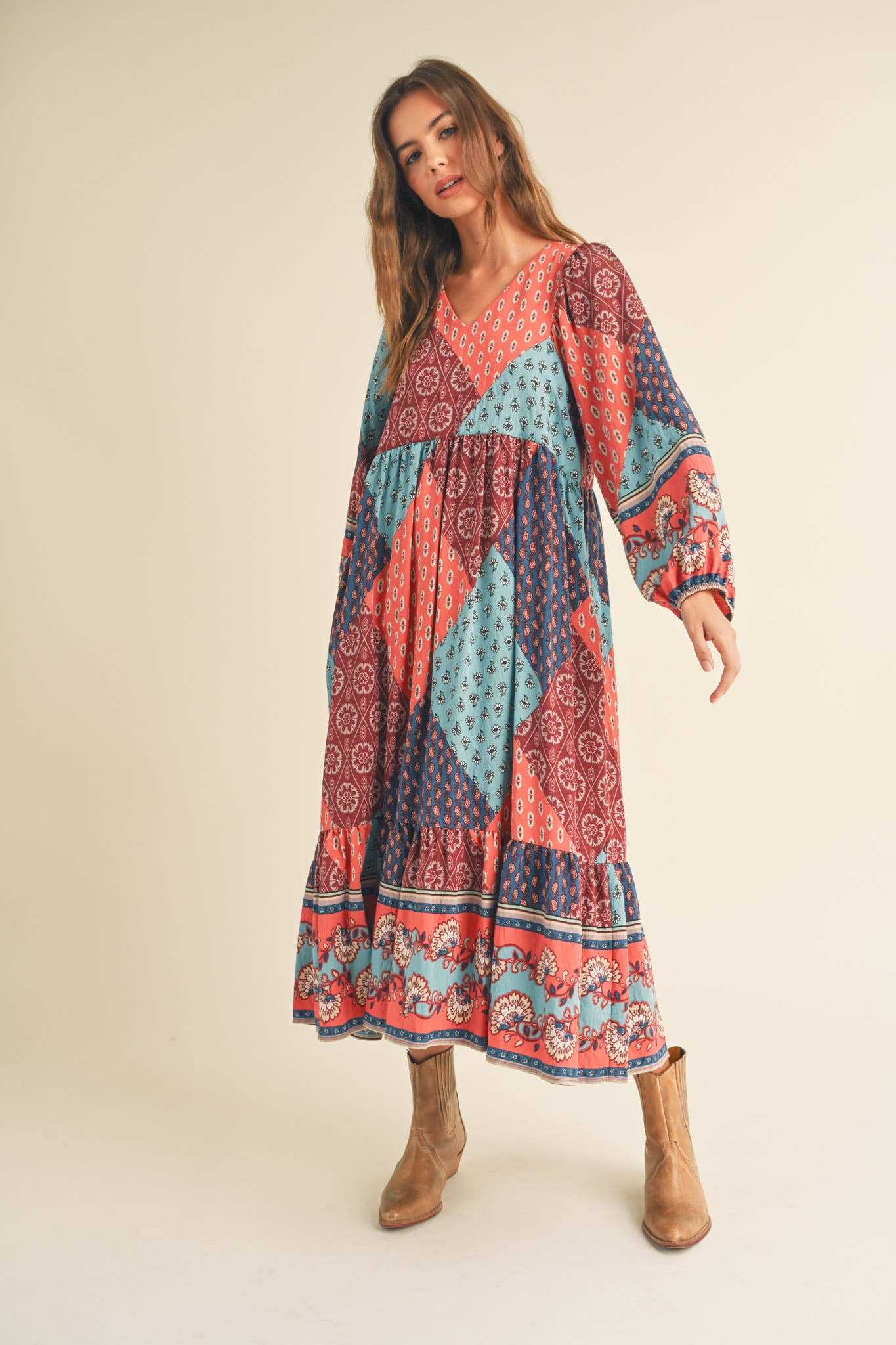 Rust Multi Color Printed Balloon Sleeve Mid Length Dress