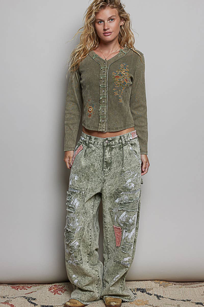 Vintage-Inspired Wash Button-Front Placket Ribbed Knit Top