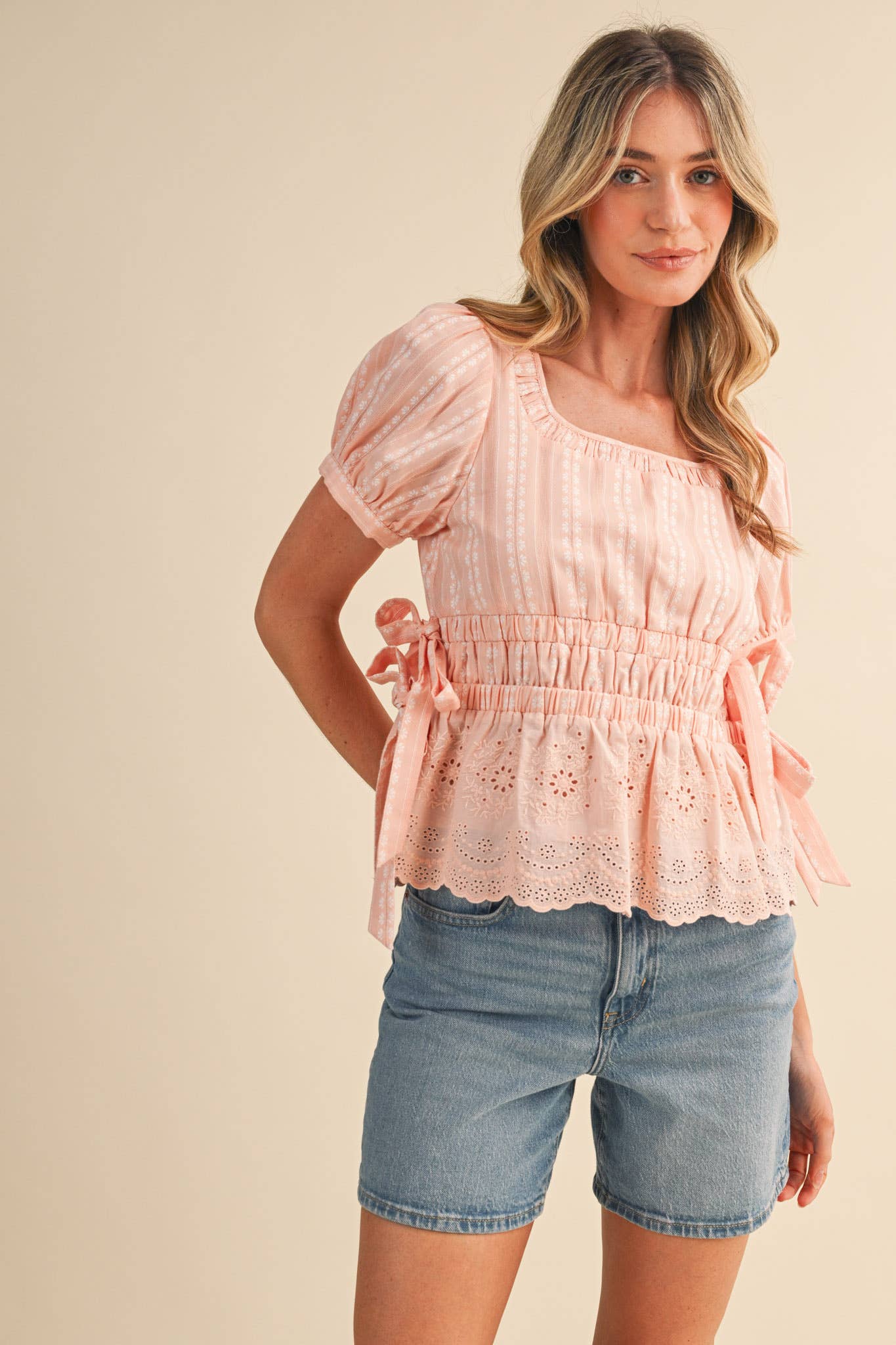 Denim Blue Striped Floral Eyelet Hem Peplum Top
