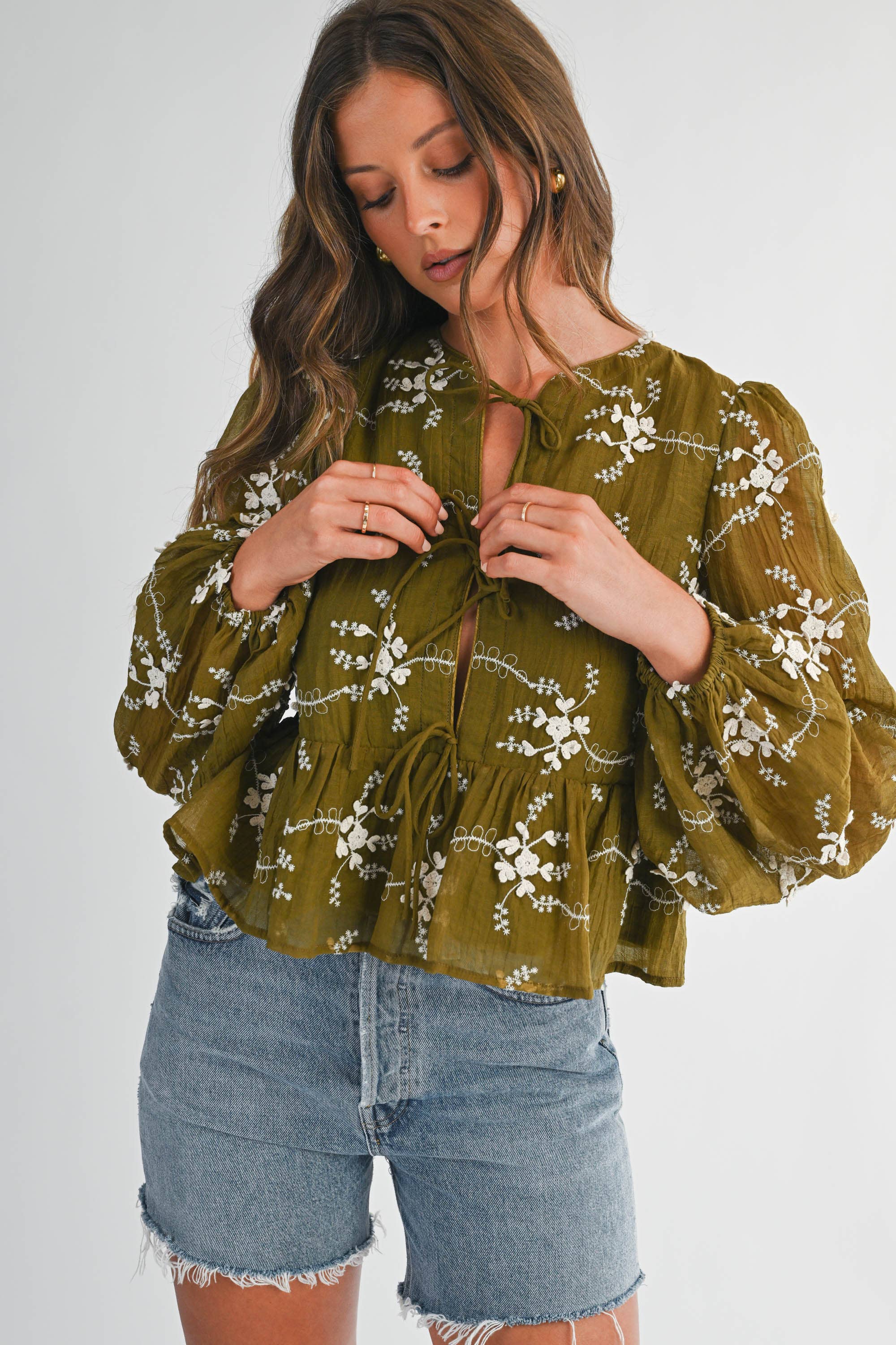 Olive Floral Tie Front Peplum