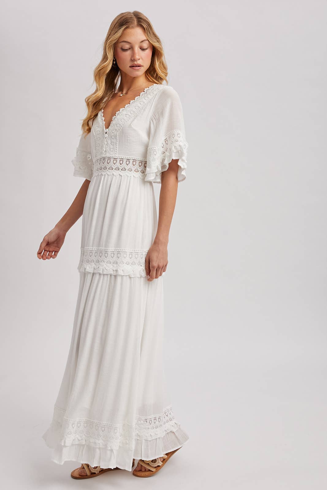Lace V Neck Maxi Dress with Ruffle Sleeves (Olive & Ivory)