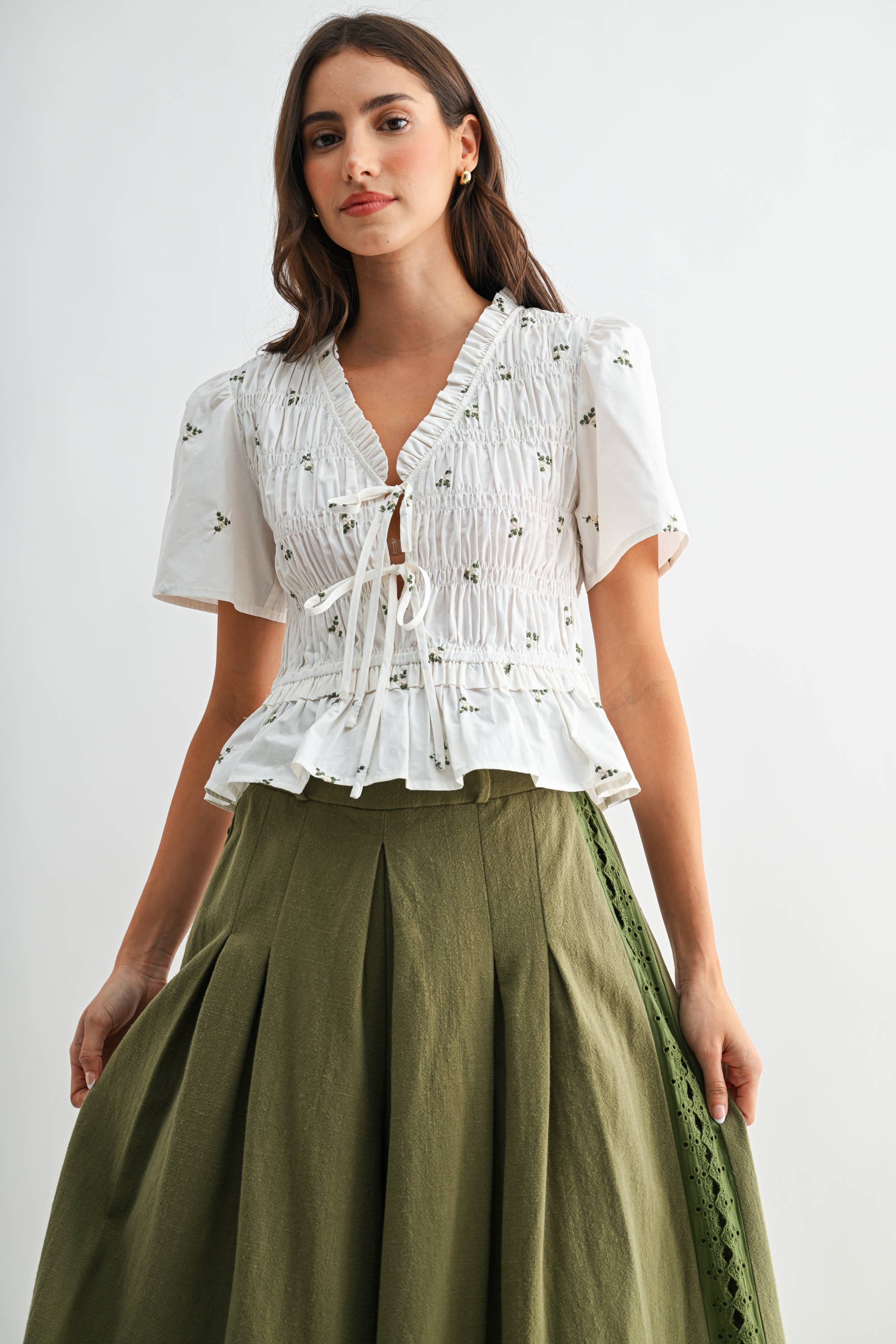 Ivory Floral Tie Front Peplum with Smocking Detail