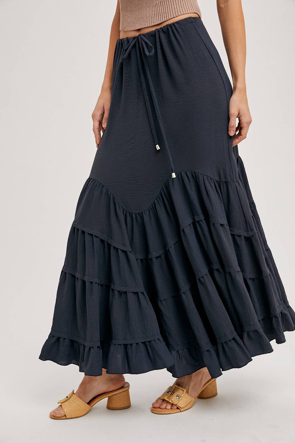 RUFFLED DRAWSTRING WASIT MAXI SKIRT WITH LINING