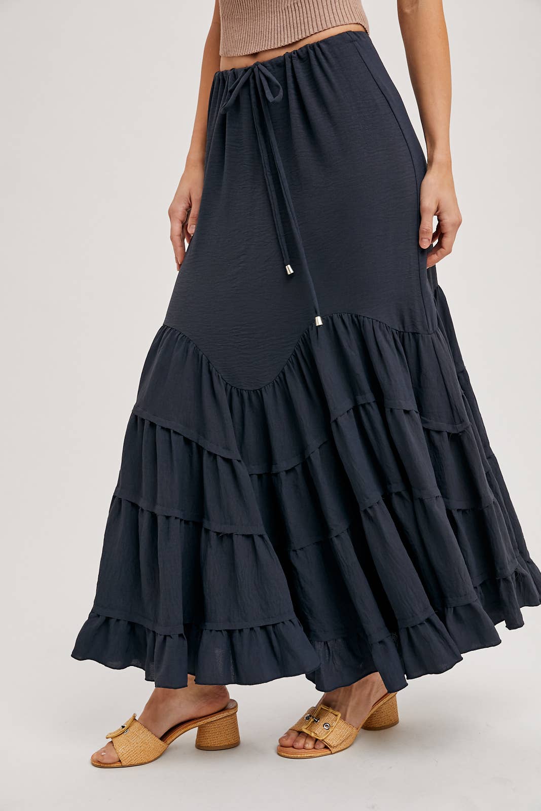 RUFFLED DRAWSTRING WASIT MAXI SKIRT WITH LINING