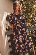 Navy Floral Printed Smocked Waist Midi Dress
