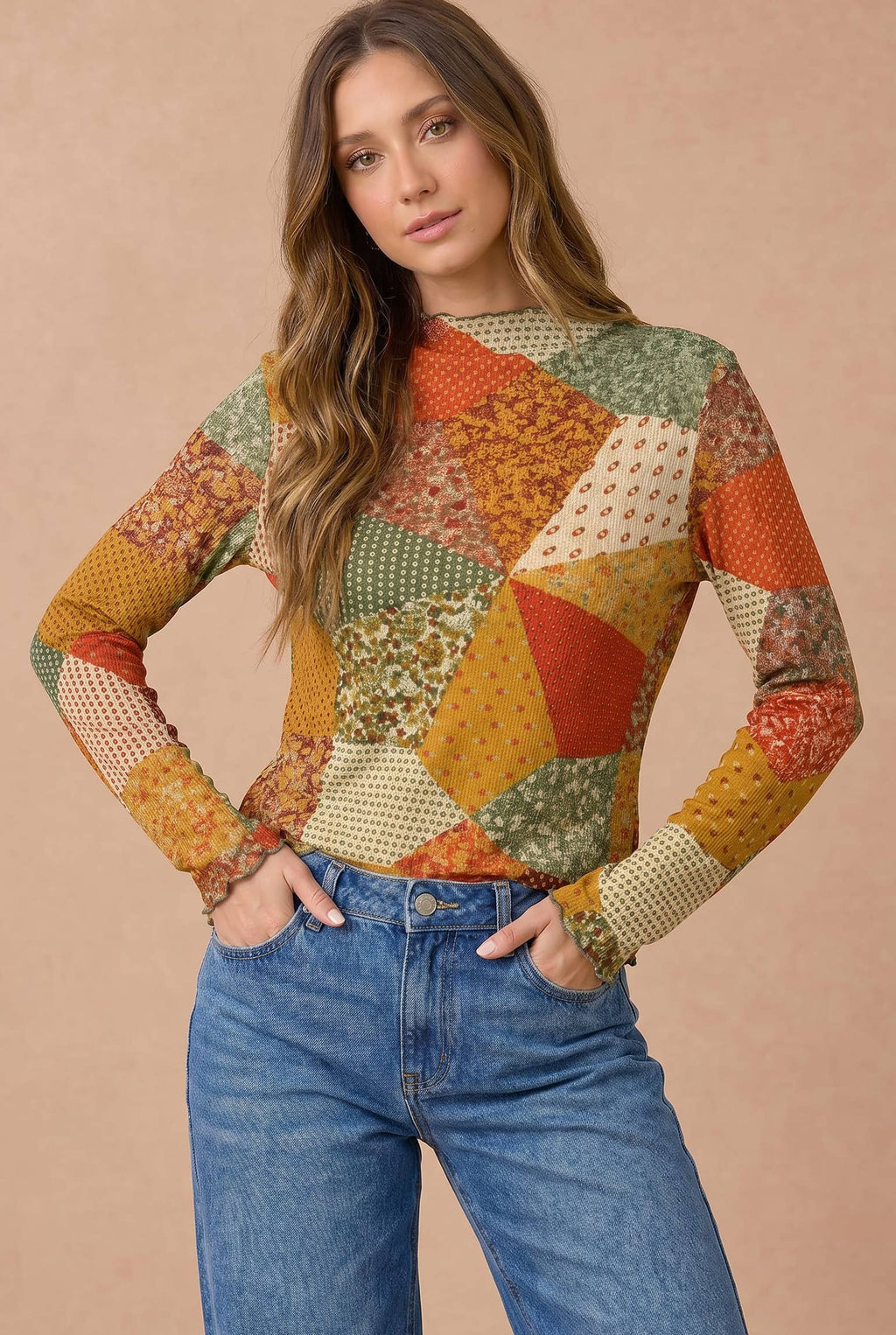 Plus Floral Patchwork Thermal Mock Neck Frill Top