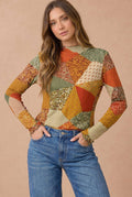 Plus Floral Patchwork Thermal Mock Neck Frill Top