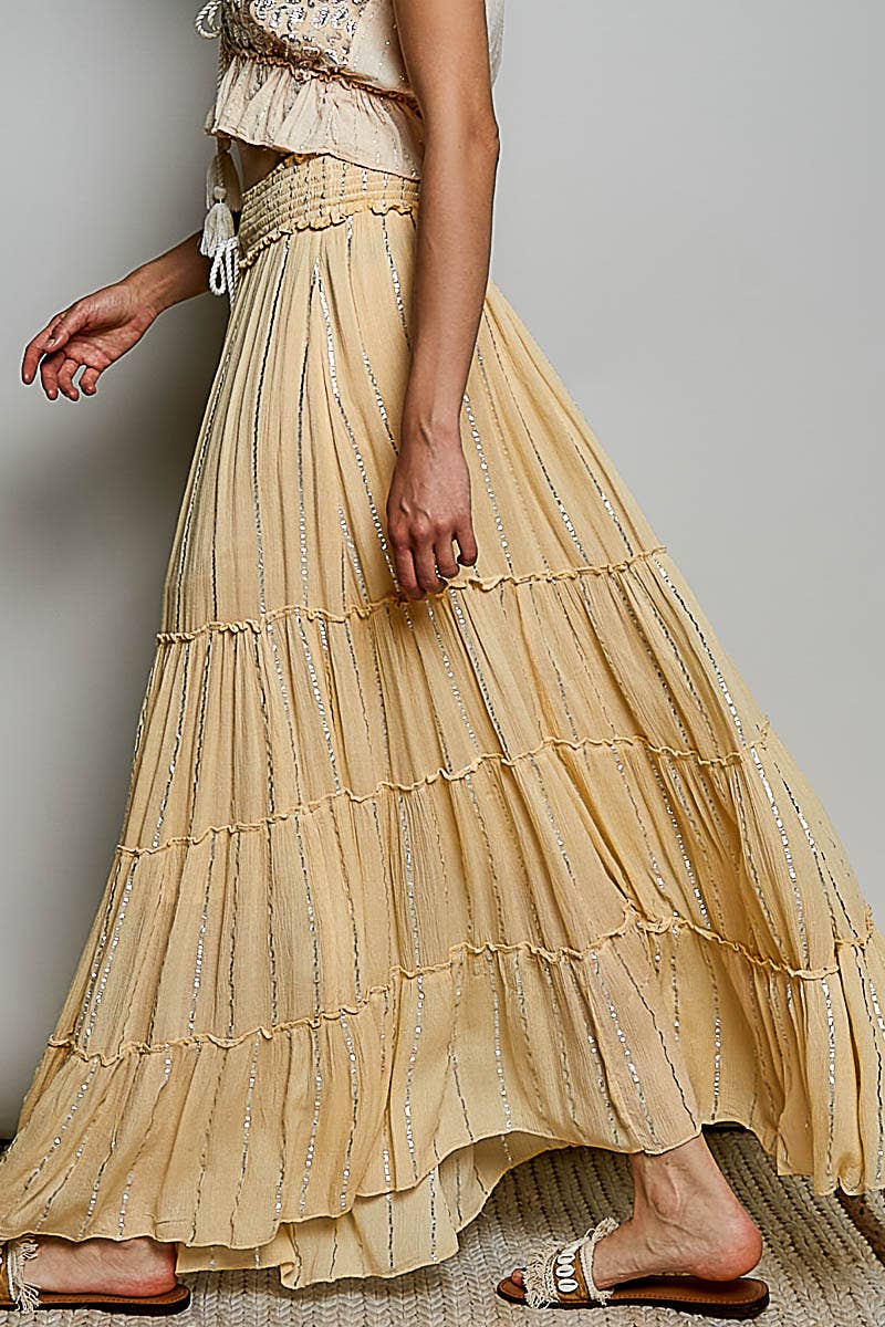 Coral/Olive Smocked Waist Tassel Tie Tiered Maxi Skirt